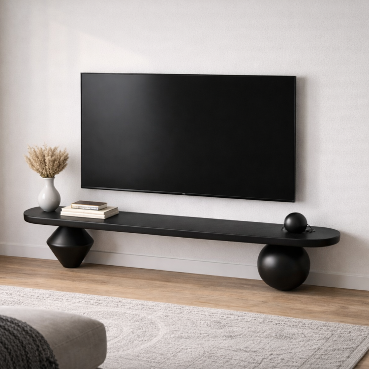 Heykelsi Torna Ayaklı Masif Ahşap TV Ünitesi – Modern Tasarım Televizyon Standı 180 cm