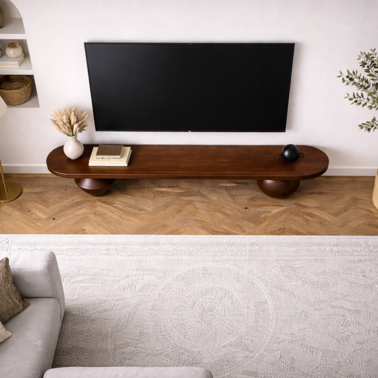 Heykelsi Torna Ayaklı Masif Ahşap TV Ünitesi – Modern Tasarım Televizyon Standı 180 cm