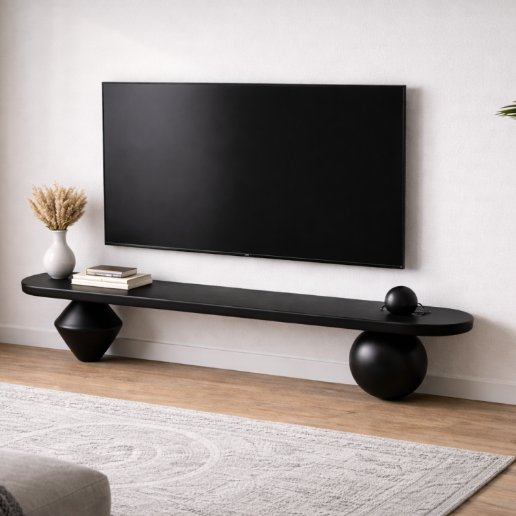 Heykelsi Torna Ayaklı Masif Ahşap TV Ünitesi – Modern Tasarım Televizyon Standı 180 cm