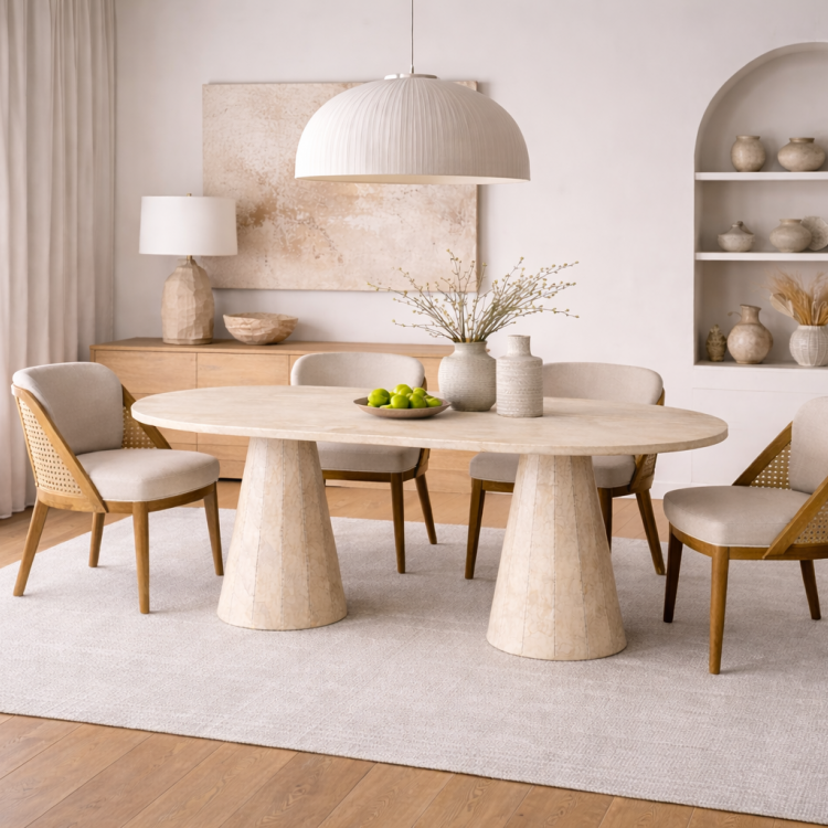 Modern Traverten Kaplama Oval Yemek Masası – Ahşap Gövde, Konik Ayak Tasarım
