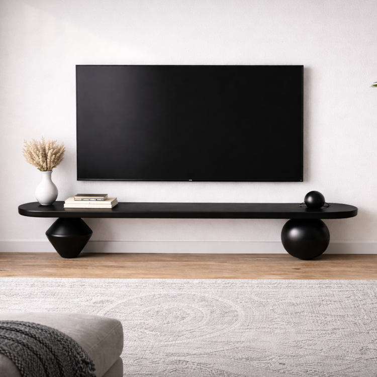 Heykelsi Torna Ayaklı Masif Ahşap TV Ünitesi – Modern Tasarım Televizyon Standı 180 cm