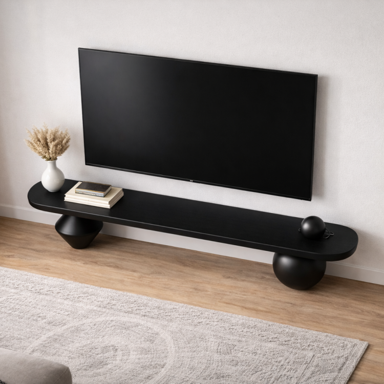 Heykelsi Torna Ayaklı Masif Ahşap TV Ünitesi – Modern Tasarım Televizyon Standı 180 cm