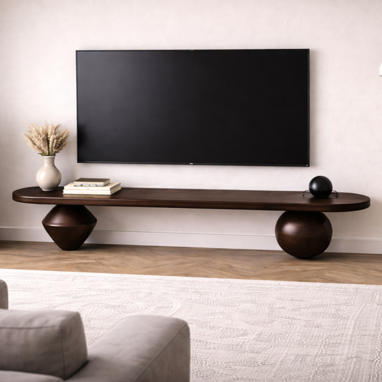 Heykelsi Torna Ayaklı Masif Ahşap TV Ünitesi – Modern Tasarım Televizyon Standı 180 cm