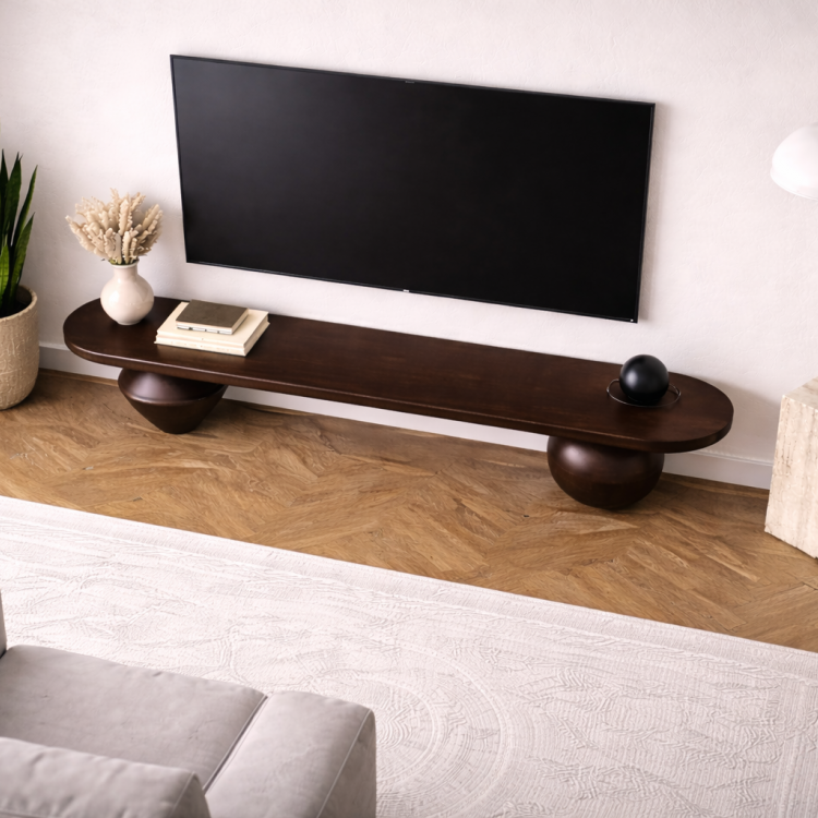 Heykelsi Torna Ayaklı Masif Ahşap TV Ünitesi – Modern Tasarım Televizyon Standı 180 cm