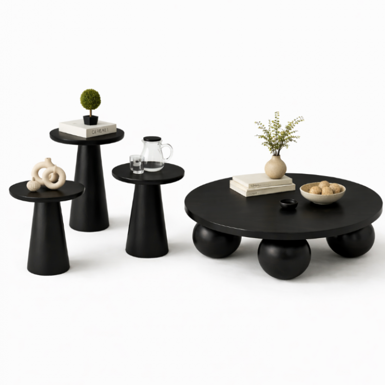 El Yapımı Ahşap Orta Sehpa ve 3’lü Mantar Yan Sehpa Seti – Modern Salon Takımı Minimal & Şık