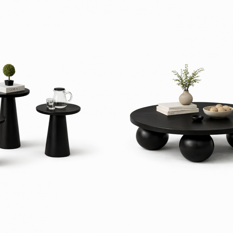 El Yapımı Ahşap Orta Sehpa ve 3’lü Mantar Yan Sehpa Seti – Modern Salon Takımı Minimal & Şık