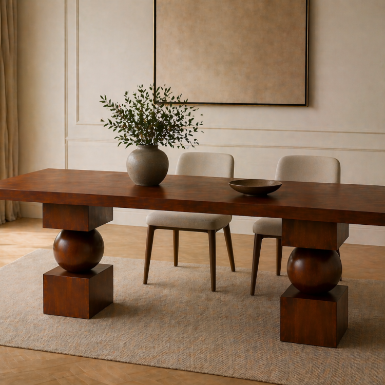 Heykelsi Küre Ayaklı Masif Ahşap Yemek Masası – Modern Tasarım – Minimal & Şık