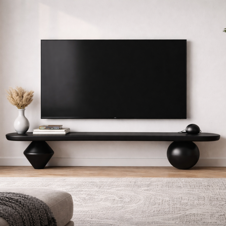 Heykelsi Torna Ayaklı Masif Ahşap TV Ünitesi – Modern Tasarım Televizyon Standı 180 cm