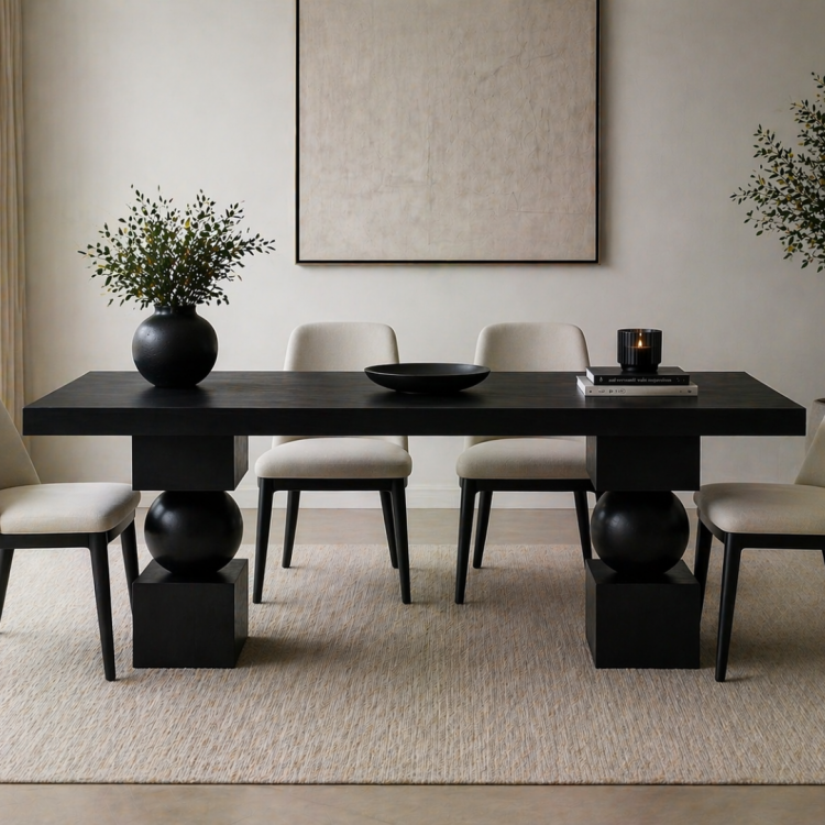 Heykelsi Küre Ayaklı Masif Ahşap Yemek Masası – Modern Tasarım – Minimal & Şık