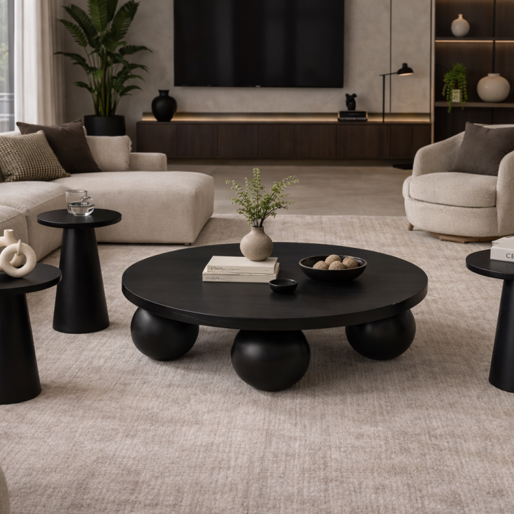 El Yapımı Ahşap Orta Sehpa ve 3’lü Mantar Yan Sehpa Seti – Modern Salon Takımı Minimal & Şık