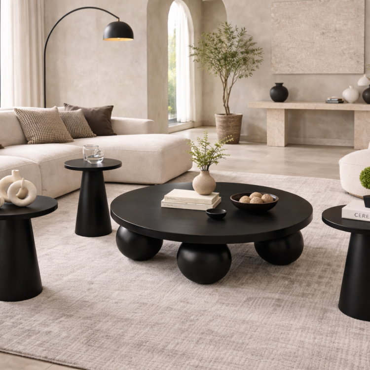 El Yapımı Ahşap Orta Sehpa ve 3’lü Mantar Yan Sehpa Seti – Modern Salon Takımı Minimal & Şık