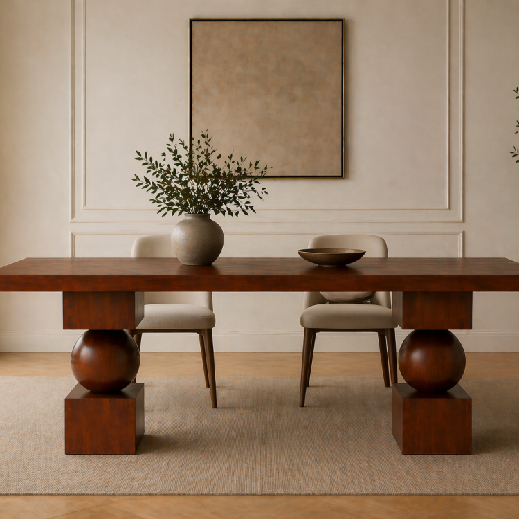 Heykelsi Küre Ayaklı Masif Ahşap Yemek Masası – Modern Tasarım – Minimal & Şık