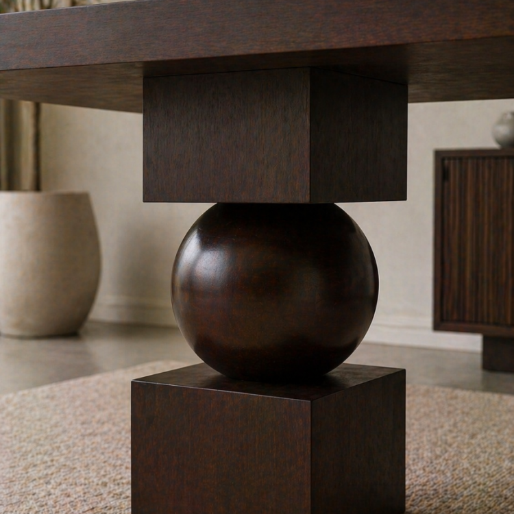 Heykelsi Küre Ayaklı Masif Ahşap Yemek Masası – Modern Tasarım – Minimal & Şık