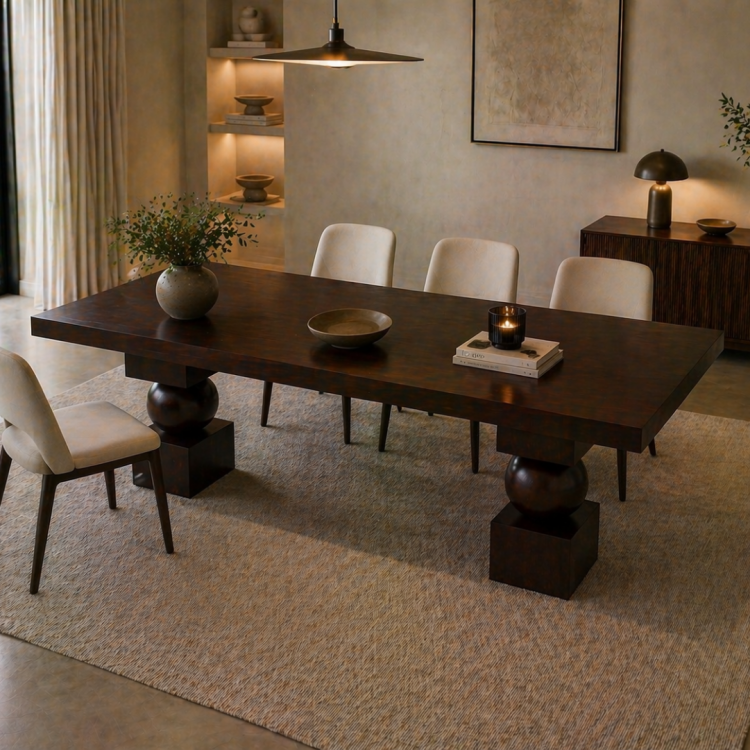 Heykelsi Küre Ayaklı Masif Ahşap Yemek Masası – Modern Tasarım – Minimal & Şık