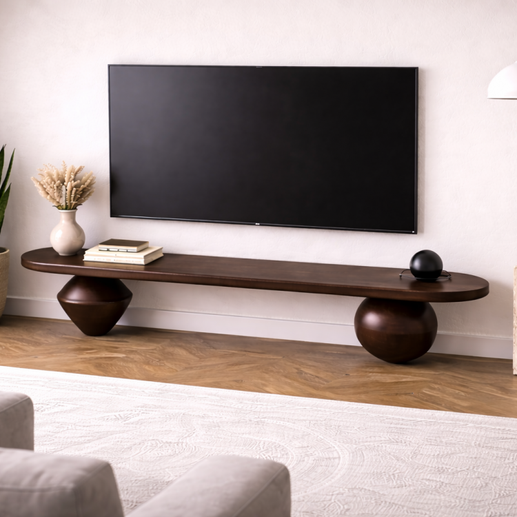 Heykelsi Torna Ayaklı Masif Ahşap TV Ünitesi – Modern Tasarım Televizyon Standı 180 cm