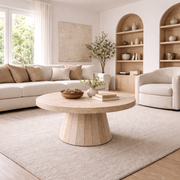 Traverten Orta Sehpa 80 cm – Modern Yuvarlak Tasarım Minimal Traverten Ahşap