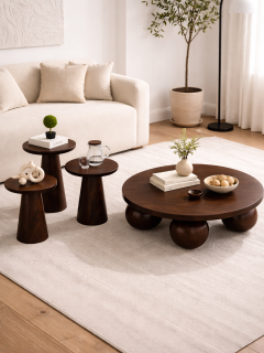 El Yapımı Ahşap Orta Sehpa ve 3’lü Mantar Yan Sehpa Seti – Modern Salon Takımı Minimal & Şık El Yapımı Ahşap Orta Sehpa ve 3’lü Mantar Yan Sehpa Seti – Modern Salon Takımı Minimal & Şık