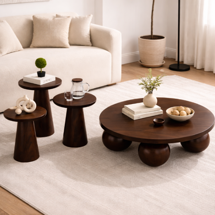 El Yapımı Ahşap Orta Sehpa ve 3’lü Mantar Yan Sehpa Seti – Modern Salon Takımı Minimal & Şık