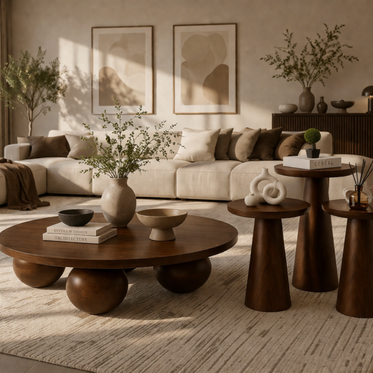 El Yapımı Ahşap Orta Sehpa ve 3’lü Mantar Yan Sehpa Seti – Modern Salon Takımı Minimal & Şık