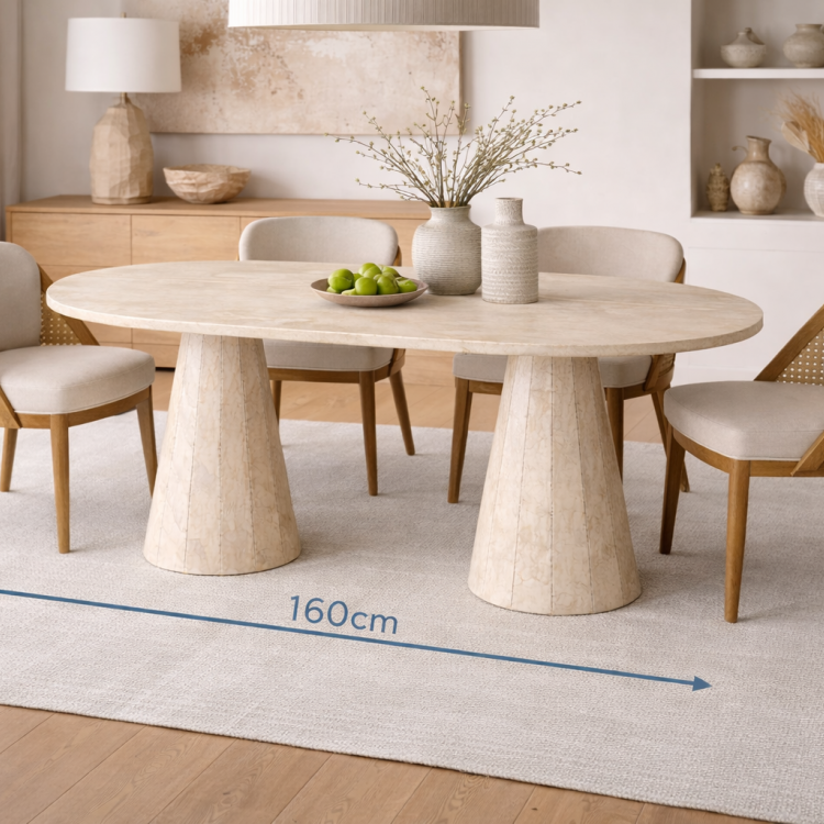 Modern Traverten Kaplama Oval Yemek Masası – Ahşap Gövde, Konik Ayak Tasarım