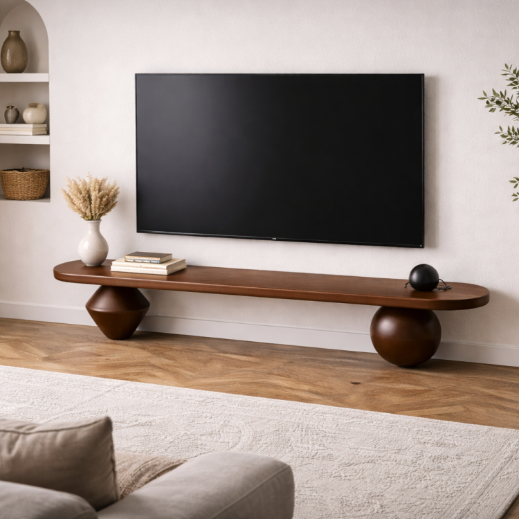 Heykelsi Torna Ayaklı Masif Ahşap TV Ünitesi – Modern Tasarım Televizyon Standı 180 cm