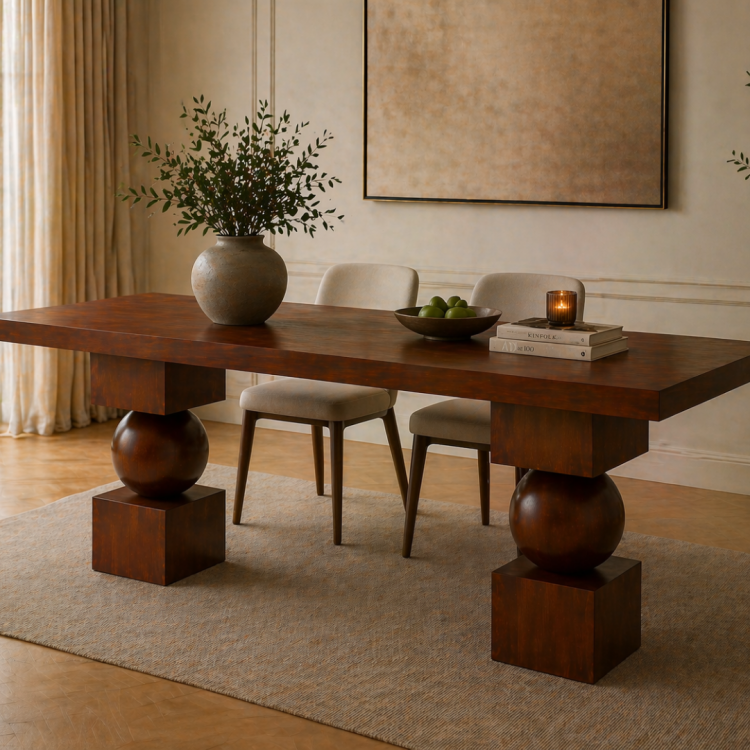 Heykelsi Küre Ayaklı Masif Ahşap Yemek Masası – Modern Tasarım – Minimal & Şık