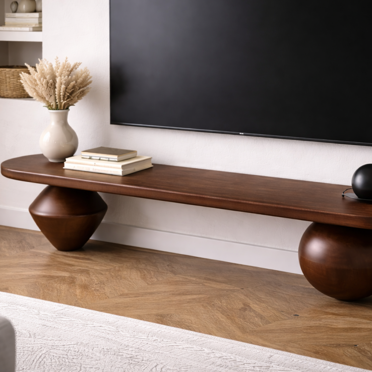 Heykelsi Torna Ayaklı Masif Ahşap TV Ünitesi – Modern Tasarım Televizyon Standı 180 cm