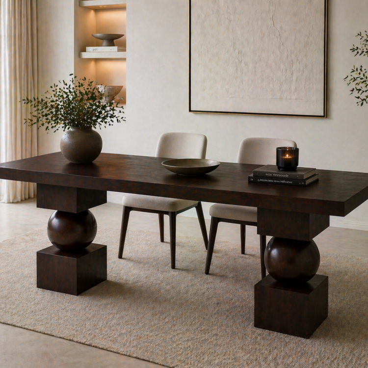 Heykelsi Küre Ayaklı Masif Ahşap Yemek Masası – Modern Tasarım – Minimal & Şık