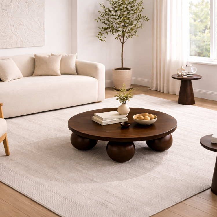 El Yapımı Ahşap Orta Sehpa ve 3’lü Mantar Yan Sehpa Seti – Modern Salon Takımı Minimal & Şık