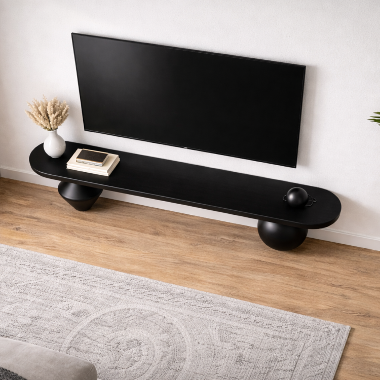 Heykelsi Torna Ayaklı Masif Ahşap TV Ünitesi – Modern Tasarım Televizyon Standı 180 cm