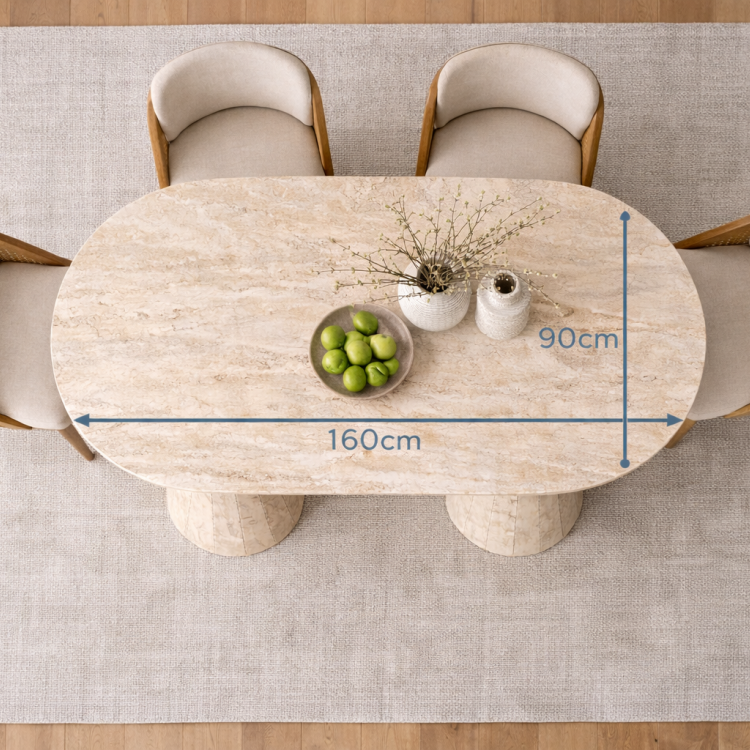 Modern Traverten Kaplama Oval Yemek Masası – Ahşap Gövde, Konik Ayak Tasarım