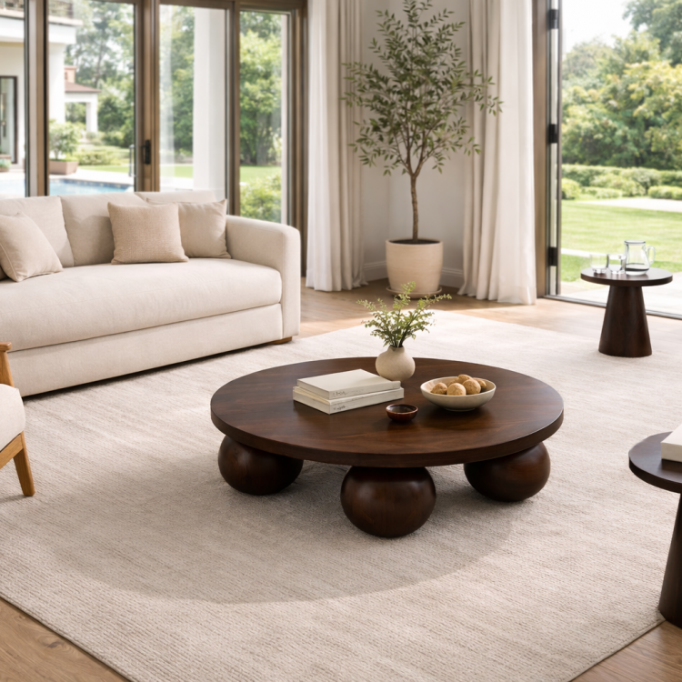 El Yapımı Ahşap Orta Sehpa ve 3’lü Mantar Yan Sehpa Seti – Modern Salon Takımı Minimal & Şık