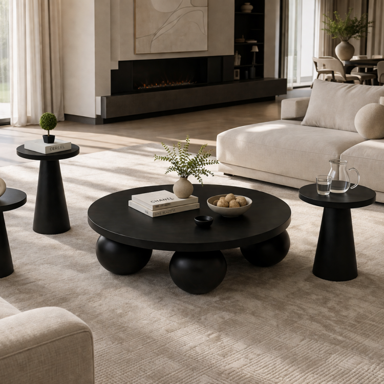 El Yapımı Ahşap Orta Sehpa ve 3’lü Mantar Yan Sehpa Seti – Modern Salon Takımı Minimal & Şık