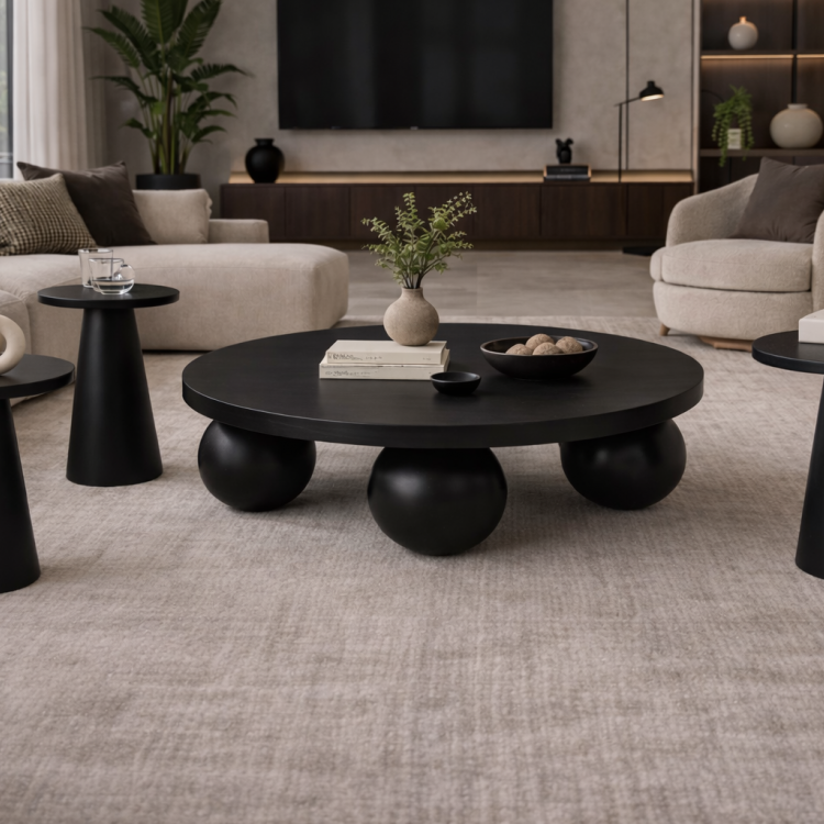 El Yapımı Ahşap Orta Sehpa ve 3’lü Mantar Yan Sehpa Seti – Modern Salon Takımı Minimal & Şık