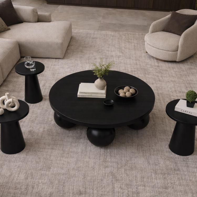 El Yapımı Ahşap Orta Sehpa ve 3’lü Mantar Yan Sehpa Seti – Modern Salon Takımı Minimal & Şık