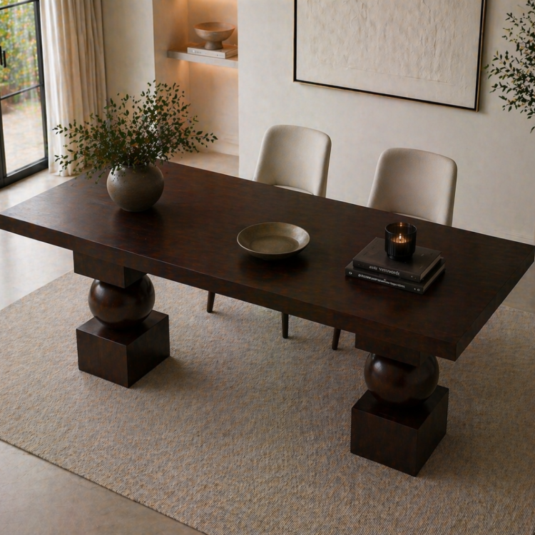 Heykelsi Küre Ayaklı Masif Ahşap Yemek Masası – Modern Tasarım – Minimal & Şık