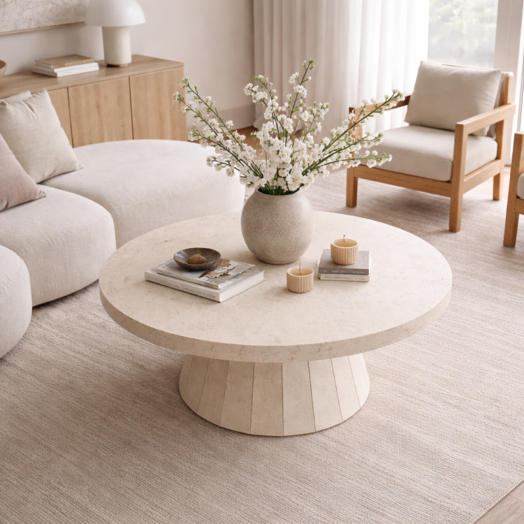 Traverten Orta Sehpa 80 cm – Modern Yuvarlak Tasarım Minimal Traverten Ahşap