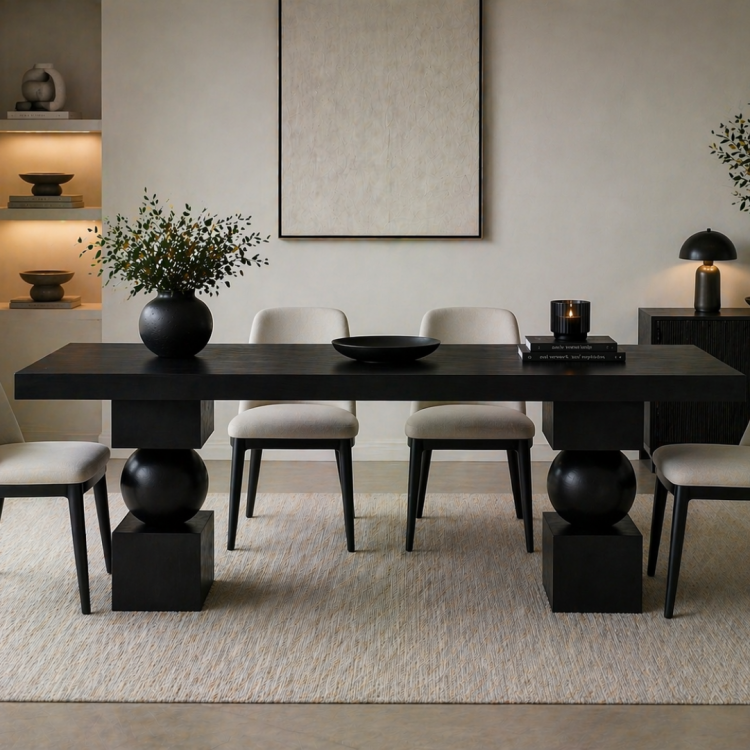 Heykelsi Küre Ayaklı Masif Ahşap Yemek Masası – Modern Tasarım – Minimal & Şık