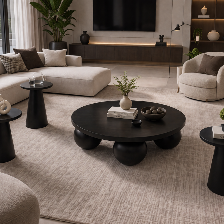 El Yapımı Ahşap Orta Sehpa ve 3’lü Mantar Yan Sehpa Seti – Modern Salon Takımı Minimal & Şık