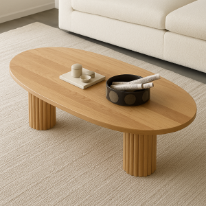 Oval Ahşap Orta Sehpa – Flüt Ayaklı, Modern Tasarım, Doğal Masif Kayın Ağacı Natural 