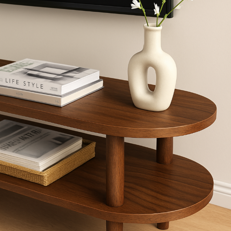 Kayın Masif Ahşap Oval TV Ünitesi -160x38cm – Modern 2 Katlı Raflı Tasarım Masif TV Ünitesi Kayın Masif Ahşap Oval TV Ünitesi -160x38cm – Modern 2 Katlı Raflı Tasarım Masif TV Ünitesi