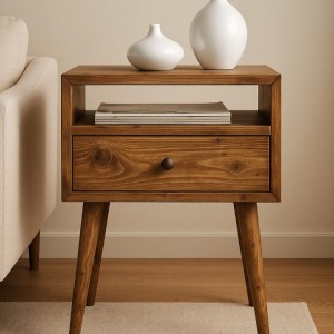 Doğal Masif Ahşap Komodin – Çekmeceli, Raflı, Modern Tasarım, El Yapımı