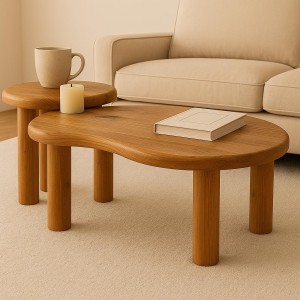 2’li Organik Formlu Eskitme Çam Orta Sehpa Seti - Masif Ahşap, Modern Tasarım