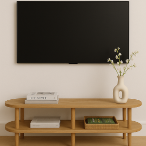 Kayın Masif Ahşap Oval TV Ünitesi -160x38cm – Modern 2 Katlı Raflı Tasarım Masif TV Ünitesi