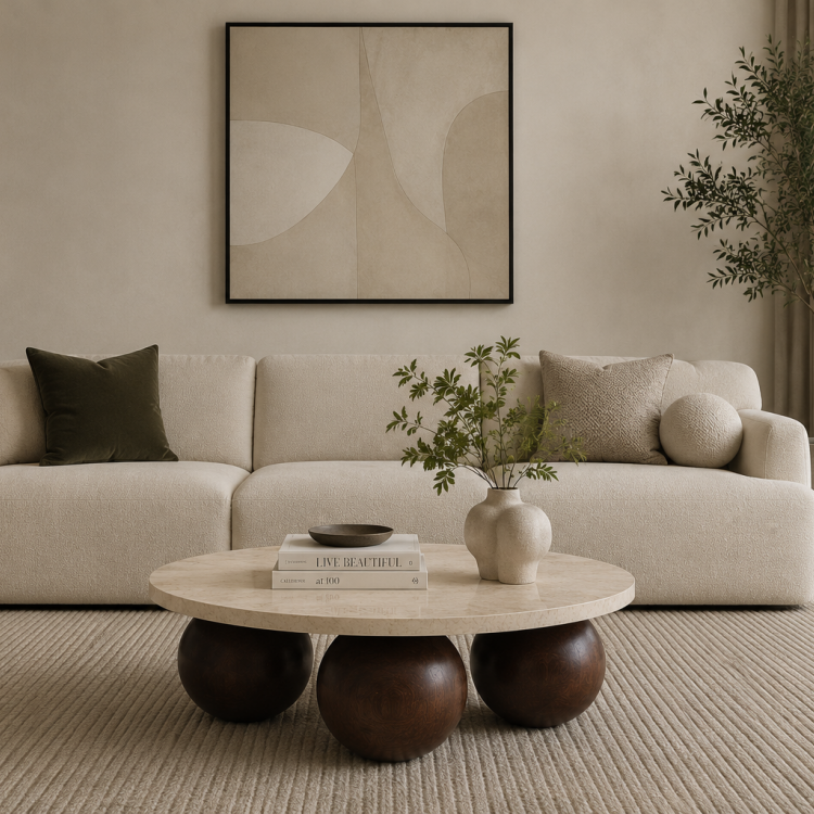 Modern Traverten Kaplamalı Orta Sehpa 100 cm Masif Top Ayaklı Ceviz Renk Modern Traverten Kaplamalı Orta Sehpa 100 cm Masif Top Ayaklı Ceviz Renk