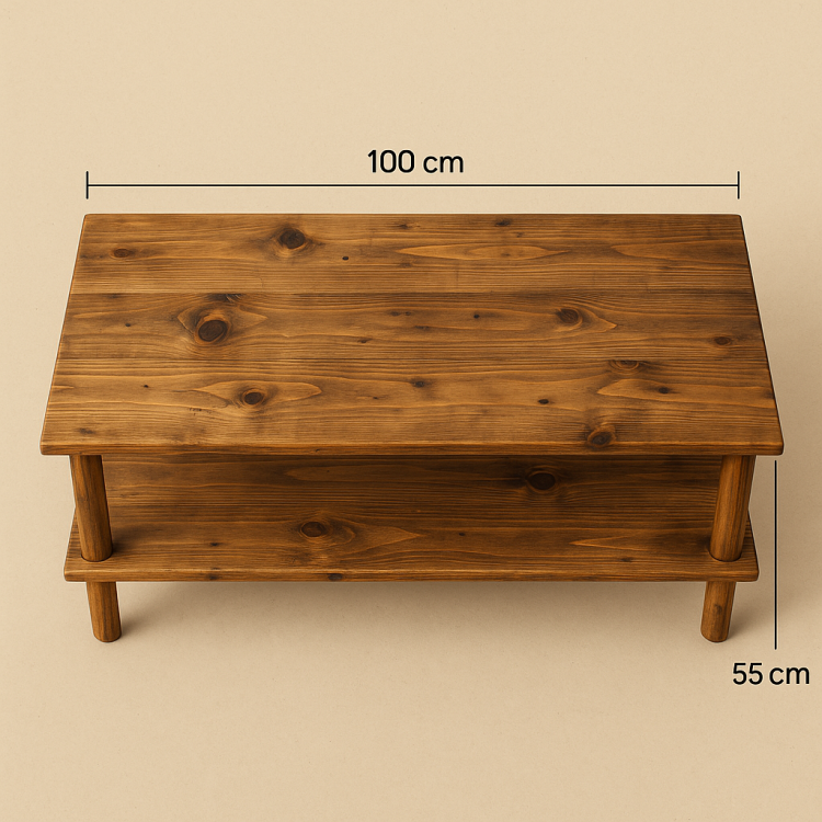 Doğal Ahşap Masif Çam Sehpa – 2 Katlı, Noce Renk, Budaklı Rustik Tasarım (100x55x50 cm) Doğal Ahşap Masif Çam Sehpa – 2 Katlı, Noce Renk, Budaklı Rustik Tasarım (100x55x50 cm)