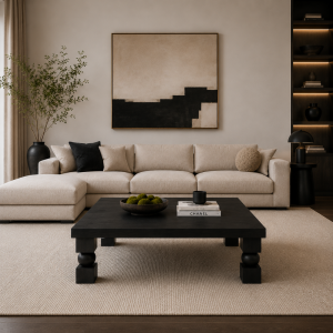 Doğal Masif Ahşap Orta Sehpa 100x100 cm –  Heykelsi Küp Top Ayaklı Modern Salon Sehpası Kare Orta Sehpa