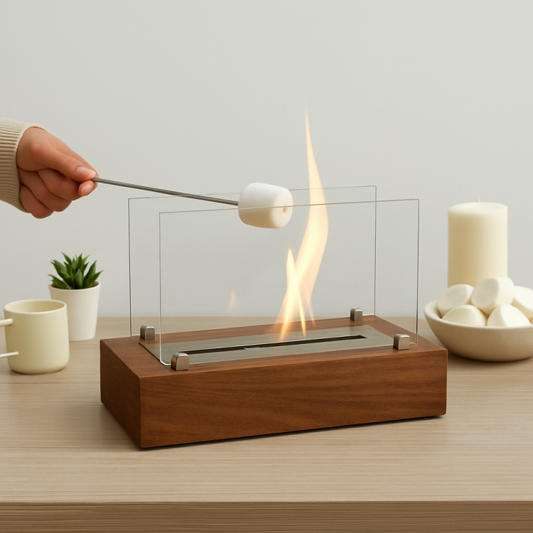 Minimalist Bioethanol Masaüstü Şömine – Ceviz Ahşap Dekoratif & Hediyelik
