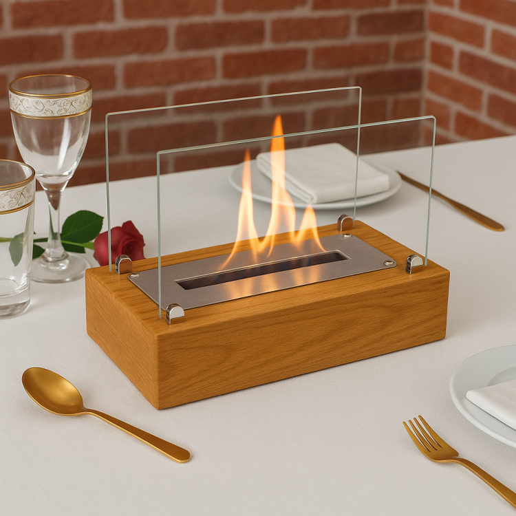 Minimalist Bioethanol Masaüstü Şömine – Ceviz Ahşap Dekoratif & Hediyelik
