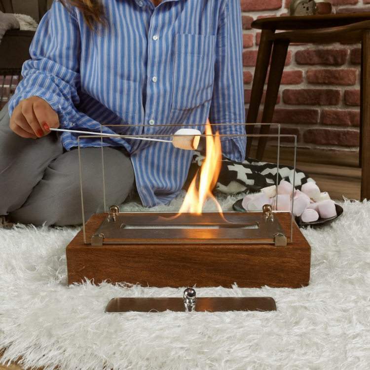 Minimalist Bioethanol Masaüstü Şömine – Ceviz Ahşap Dekoratif & Hediyelik